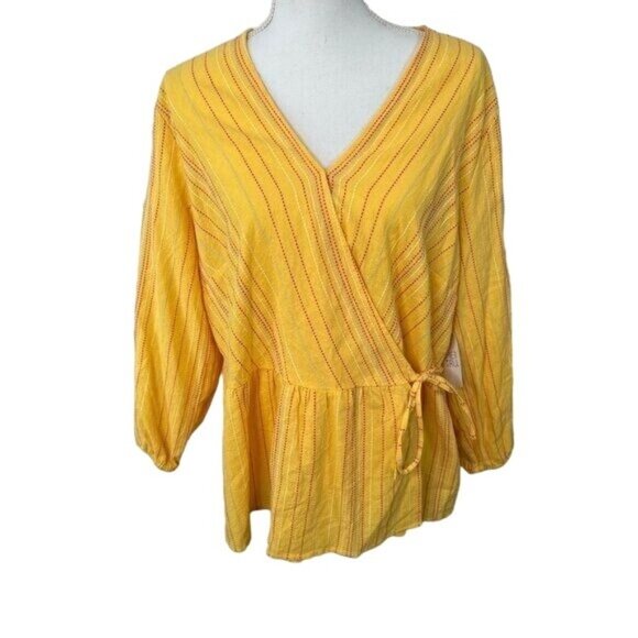 Time & Tru Women's Yellow Wrap Blouse Top Peplum Striped V-Neck Size XL 16-18‎ - Picture 1 of 9